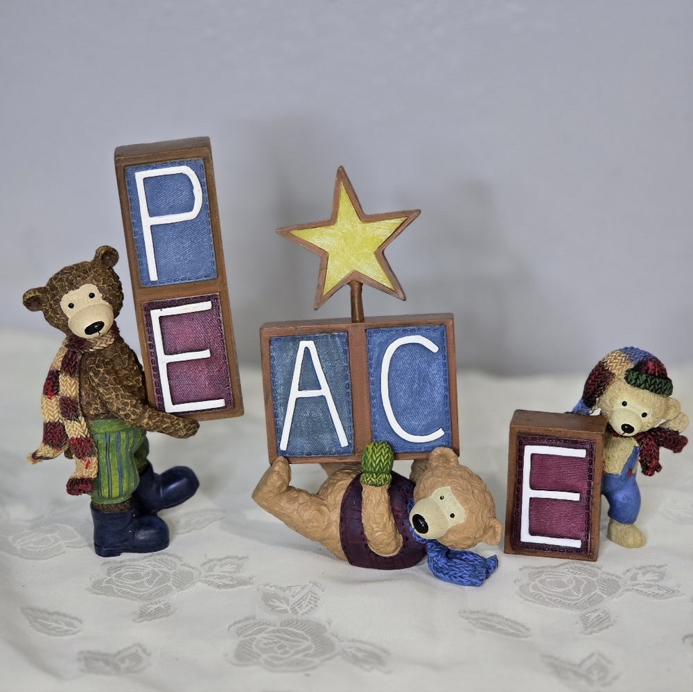 Christmas Bear Figurines Blocks Peace Holiday Decor Set Resin